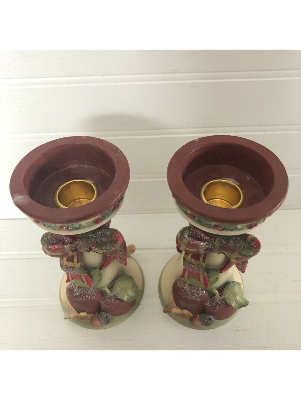 2 Winter Orchard Candle Holders Christmas Fruit Ribbon Holly Betty Singer Design - Picture 2 of 12